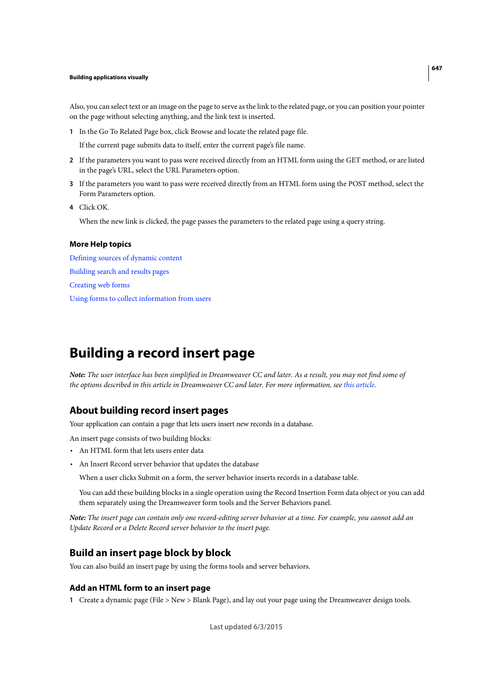 Building a record insert page, About building record insert pages, Build an insert page block by block | Adobe Dreamweaver CC 2015 User Manual | Page 654 / 700