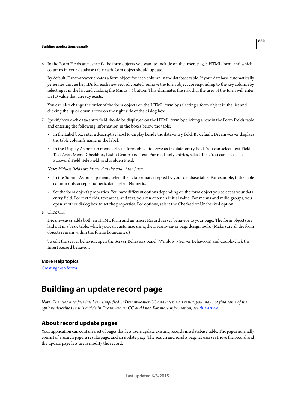 Building an update record page, About record update pages | Adobe Dreamweaver CC 2015 User Manual | Page 657 / 700