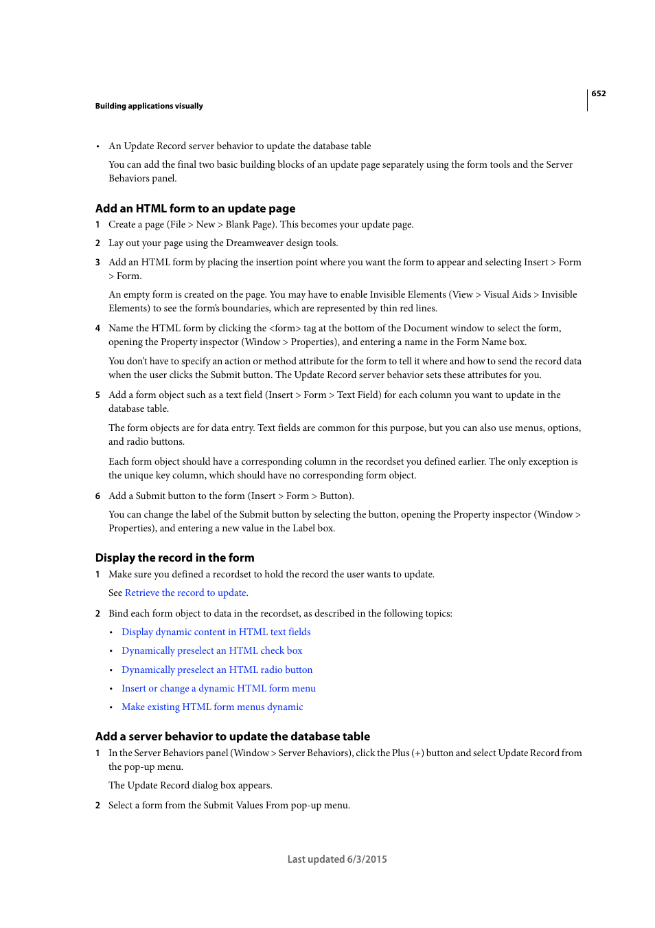 Display the record in the form, Add a server behavior to update the database table | Adobe Dreamweaver CC 2015 User Manual | Page 659 / 700