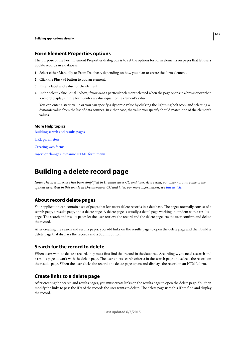 Form element properties options, Search for the record to delete, Building a delete record page | About record delete pages, Create links to a delete page | Adobe Dreamweaver CC 2015 User Manual | Page 662 / 700
