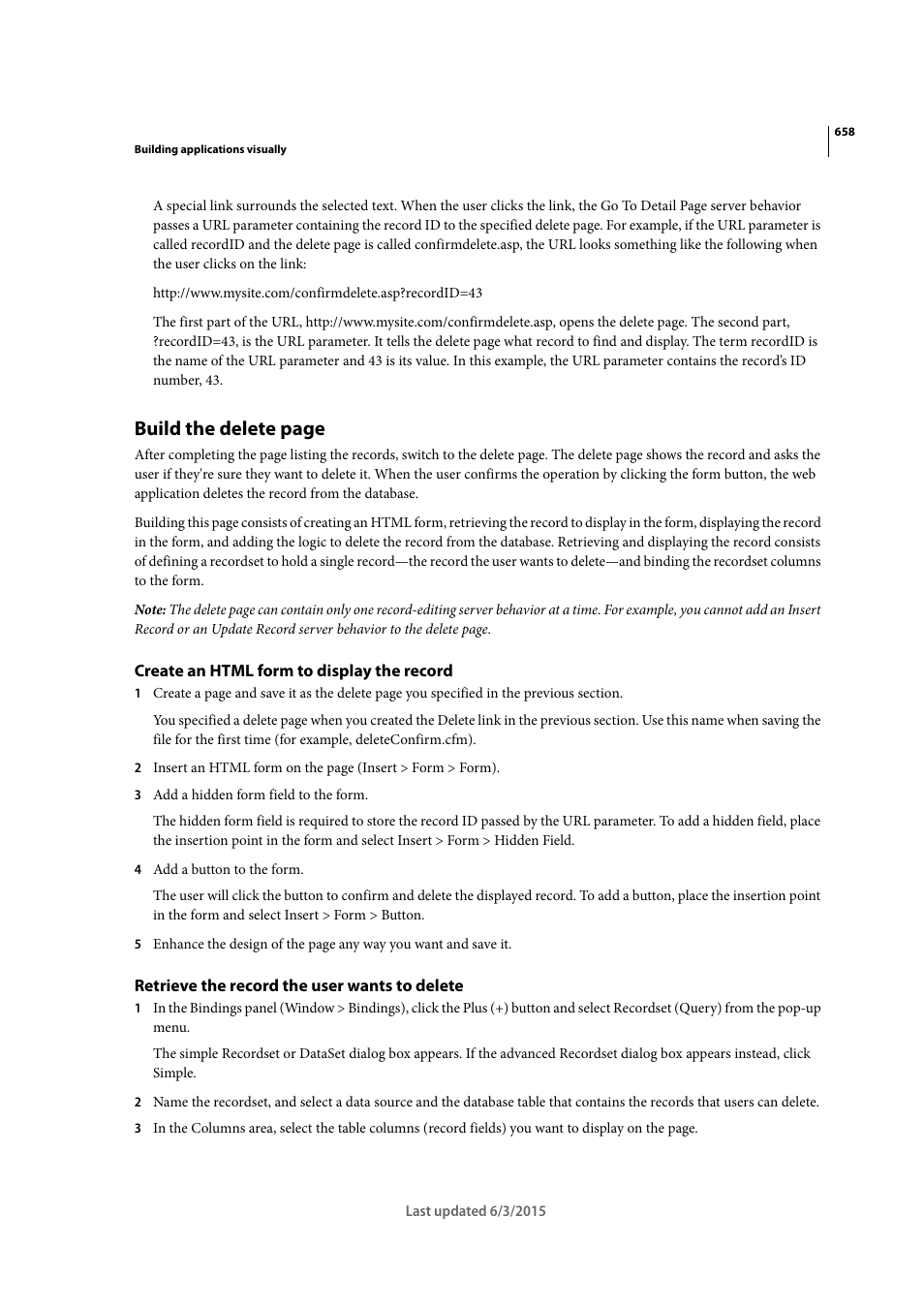 Create an html form to display the record, Retrieve the record the user wants to delete, Build the delete page | Adobe Dreamweaver CC 2015 User Manual | Page 665 / 700