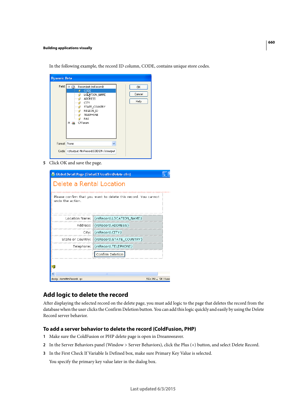 Add logic to delete the record | Adobe Dreamweaver CC 2015 User Manual | Page 667 / 700