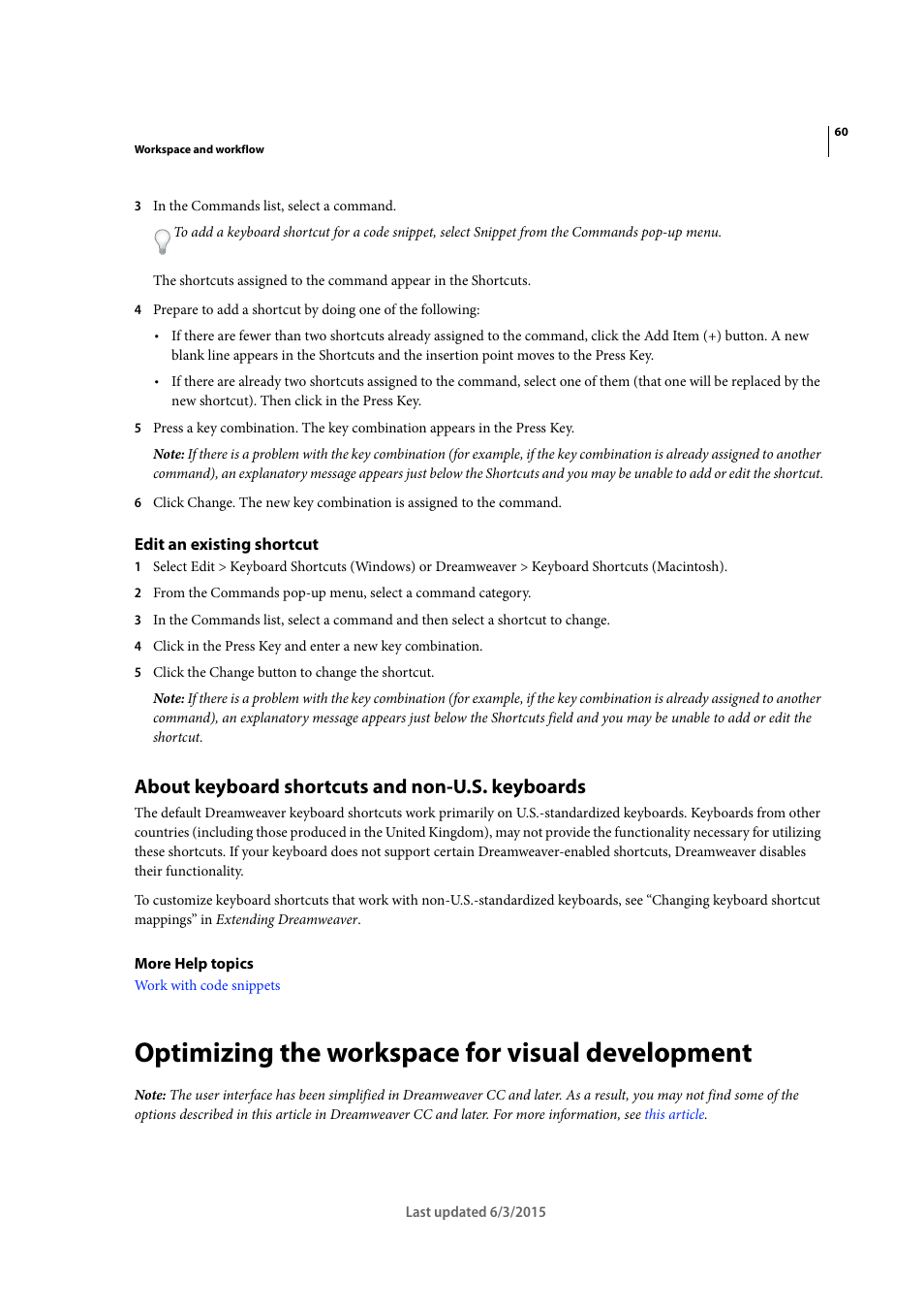 Edit an existing shortcut, About keyboard shortcuts and non-u.s. keyboards, Optimizing the workspace for visual development | Adobe Dreamweaver CC 2015 User Manual | Page 67 / 700