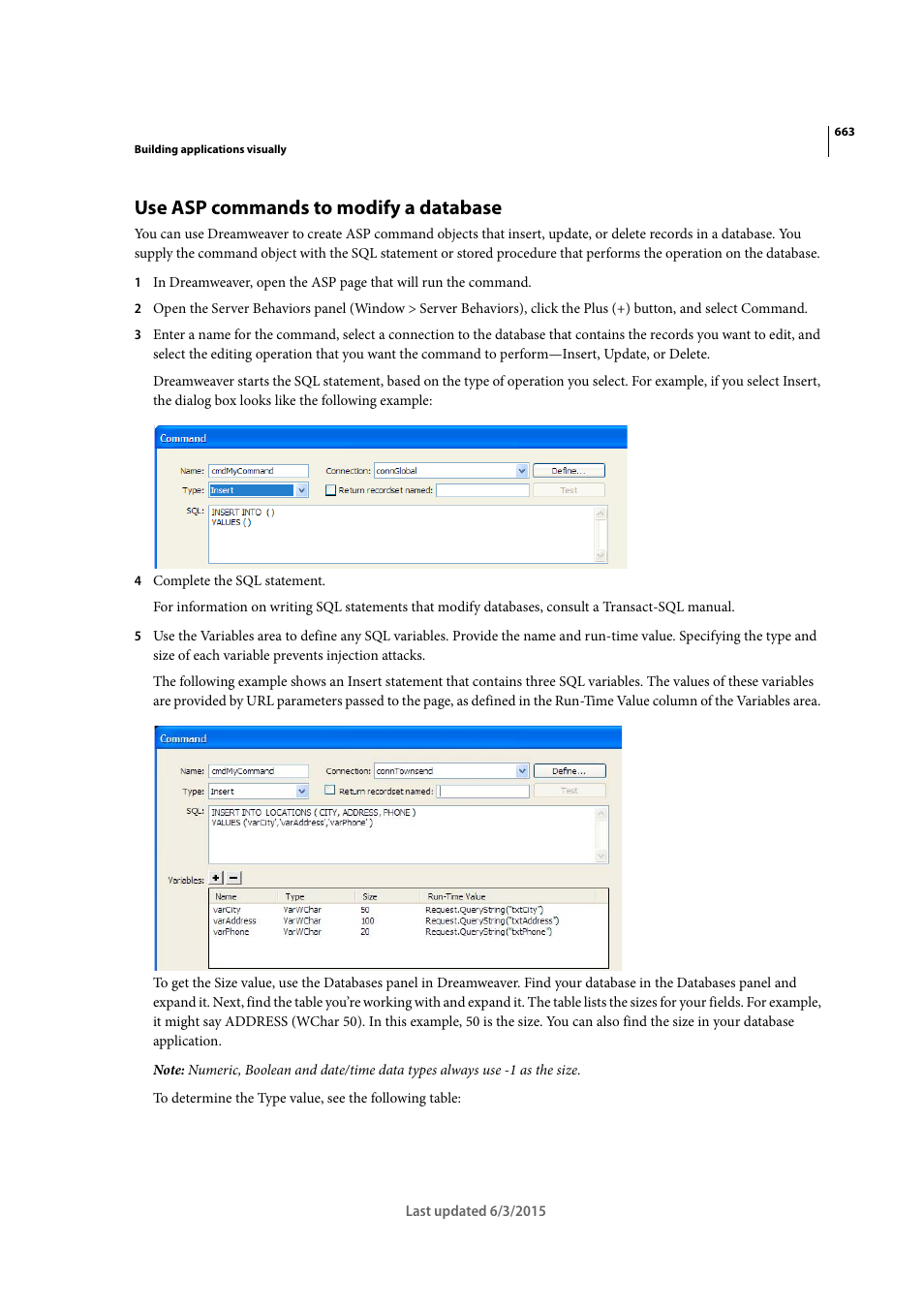 Use asp commands to modify a database | Adobe Dreamweaver CC 2015 User Manual | Page 670 / 700