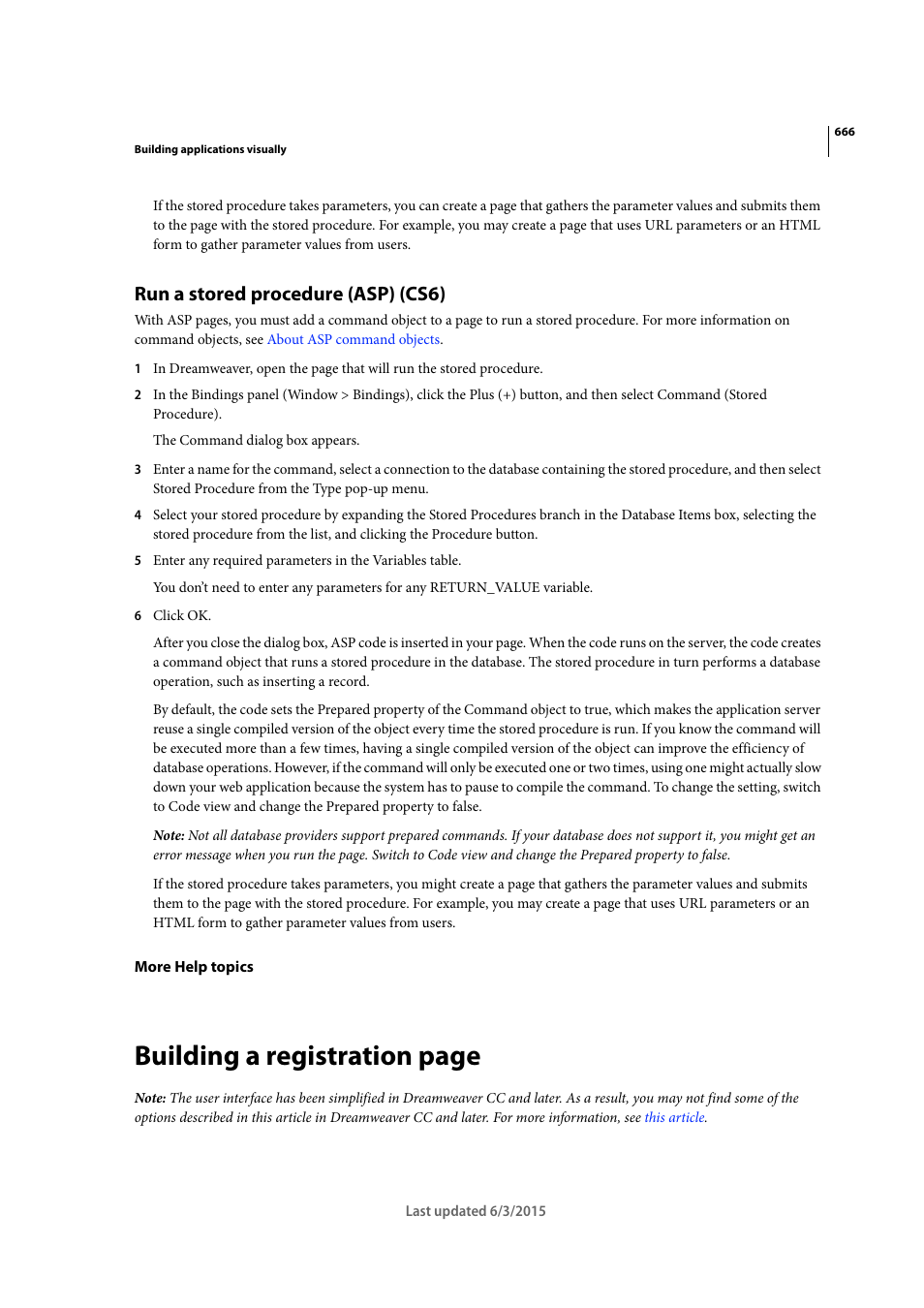 Run a stored procedure (asp) (cs6), Building a registration page | Adobe Dreamweaver CC 2015 User Manual | Page 673 / 700