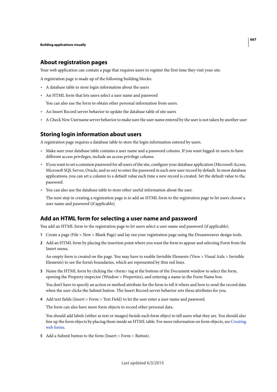 Storing login information about users, About registration pages | Adobe Dreamweaver CC 2015 User Manual | Page 674 / 700