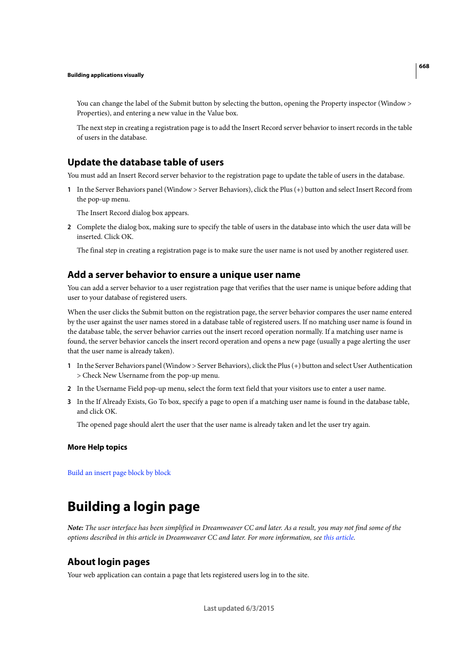 Update the database table of users, Add a server behavior to ensure a unique user name, Building a login page | About login pages | Adobe Dreamweaver CC 2015 User Manual | Page 675 / 700