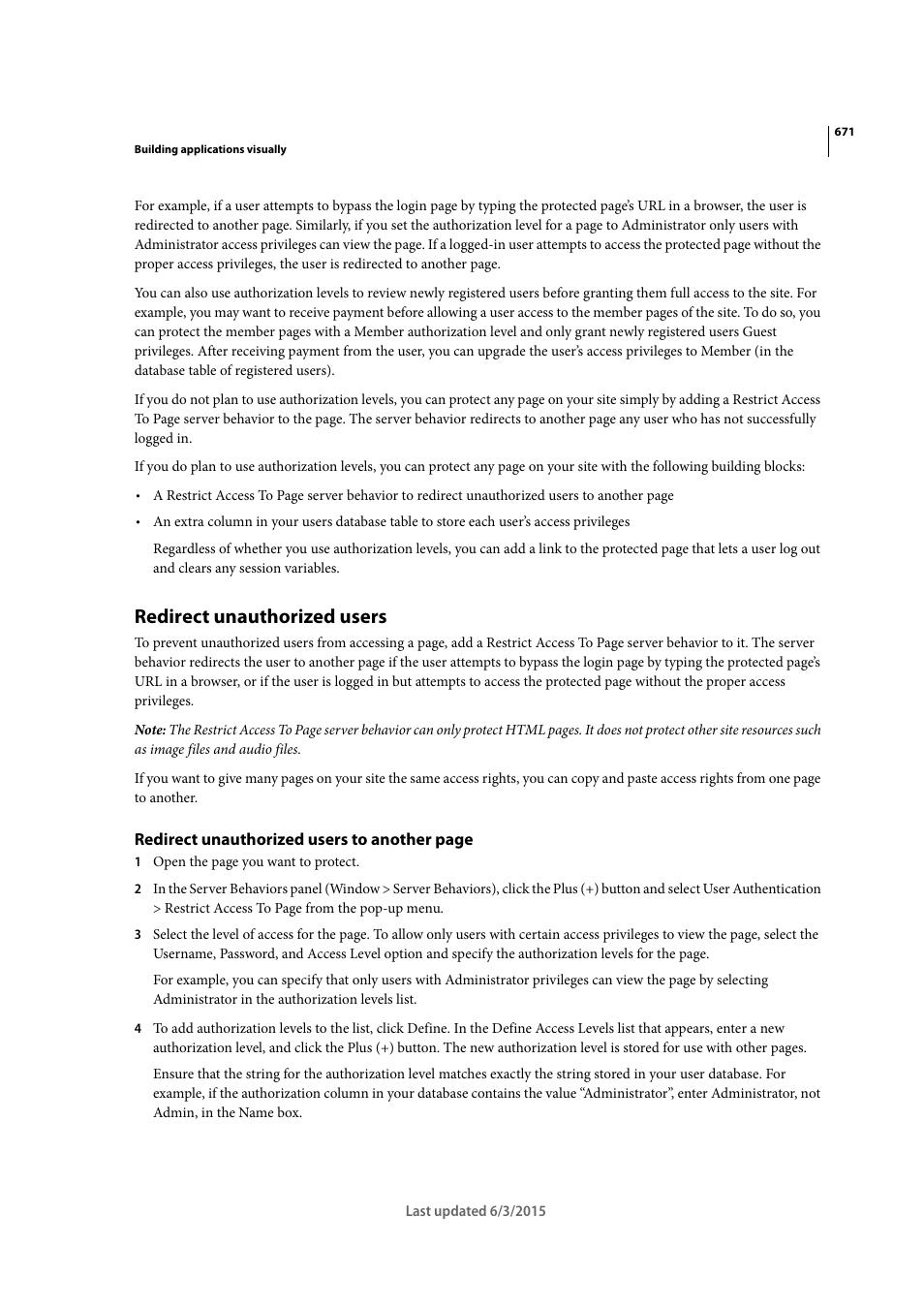 Redirect unauthorized users | Adobe Dreamweaver CC 2015 User Manual | Page 678 / 700