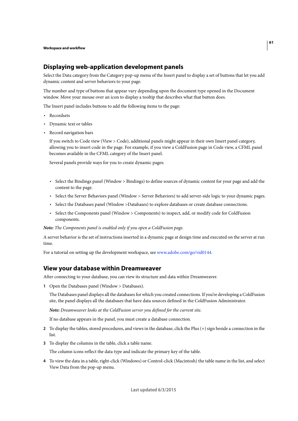 Displaying web-application development panels, View your database within dreamweaver | Adobe Dreamweaver CC 2015 User Manual | Page 68 / 700
