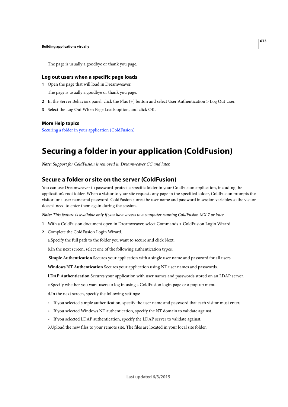 Securing a folder in your application (coldfusion), Secure a folder or site on the server (coldfusion) | Adobe Dreamweaver CC 2015 User Manual | Page 680 / 700