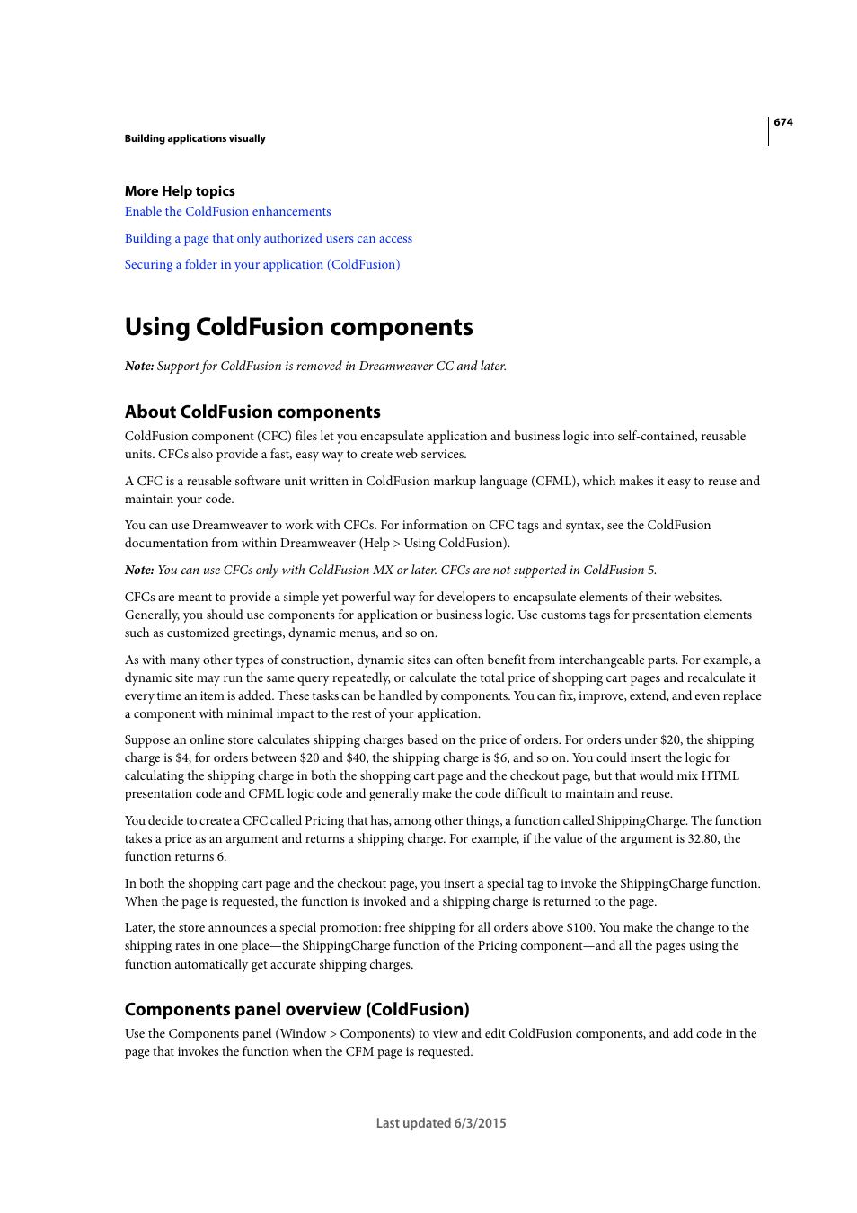 Using coldfusion components, About coldfusion components, Components panel overview (coldfusion) | Adobe Dreamweaver CC 2015 User Manual | Page 681 / 700