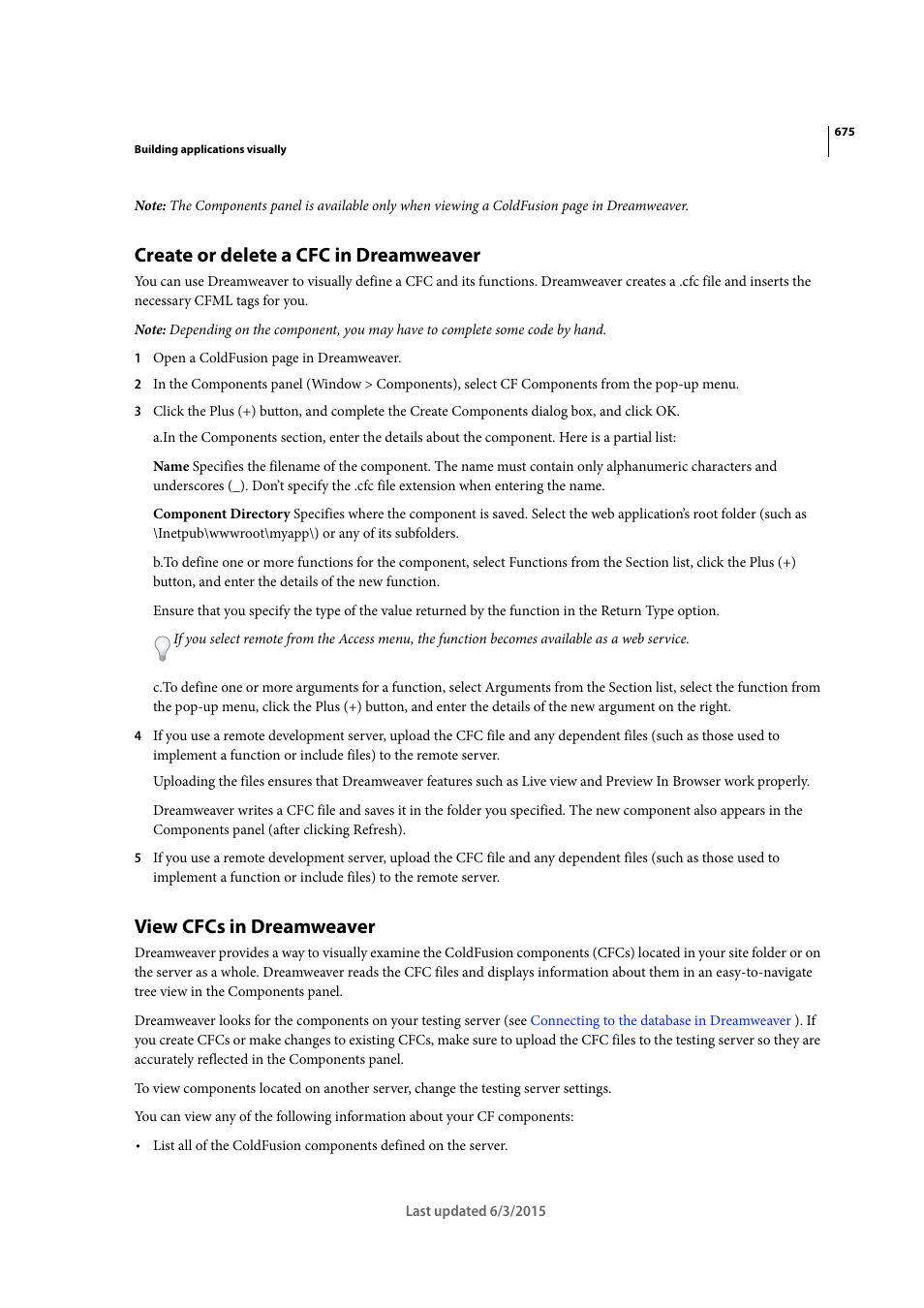 Create or delete a cfc in dreamweaver, View cfcs in dreamweaver | Adobe Dreamweaver CC 2015 User Manual | Page 682 / 700