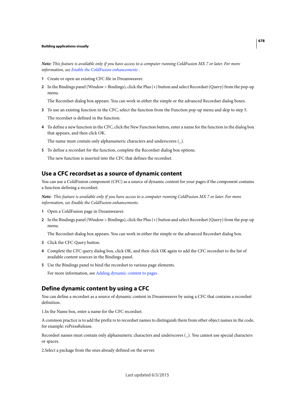 Use a cfc recordset as a source of dynamic content, Define dynamic content by using a cfc | Adobe Dreamweaver CC 2015 User Manual | Page 685 / 700