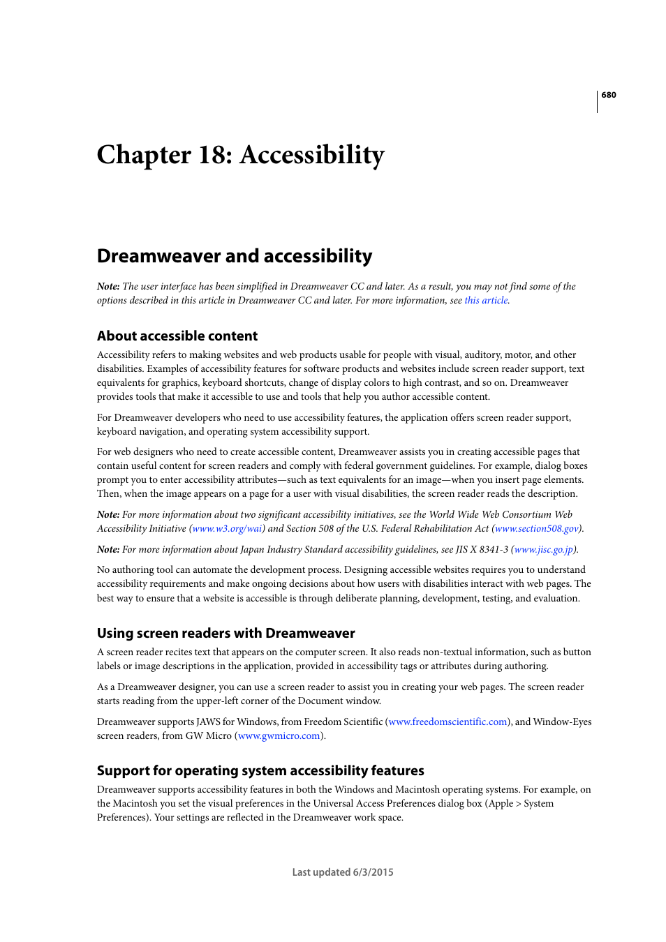 Chapter 18: accessibility, Dreamweaver and accessibility, About accessible content | Using screen readers with dreamweaver | Adobe Dreamweaver CC 2015 User Manual | Page 687 / 700