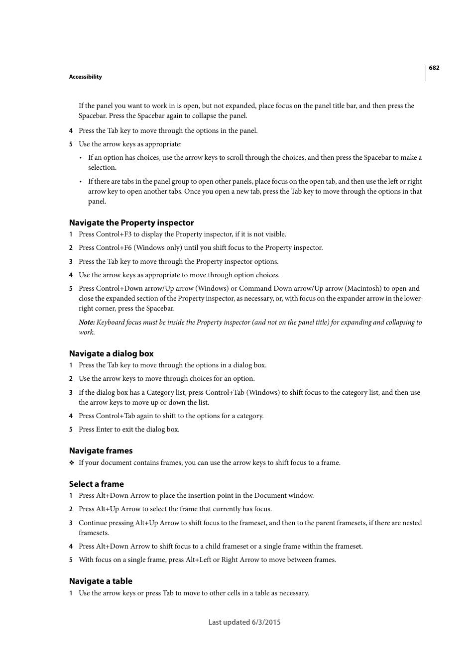 Navigate the property inspector, Navigate a dialog box, Navigate frames | Select a frame, Navigate a table | Adobe Dreamweaver CC 2015 User Manual | Page 689 / 700