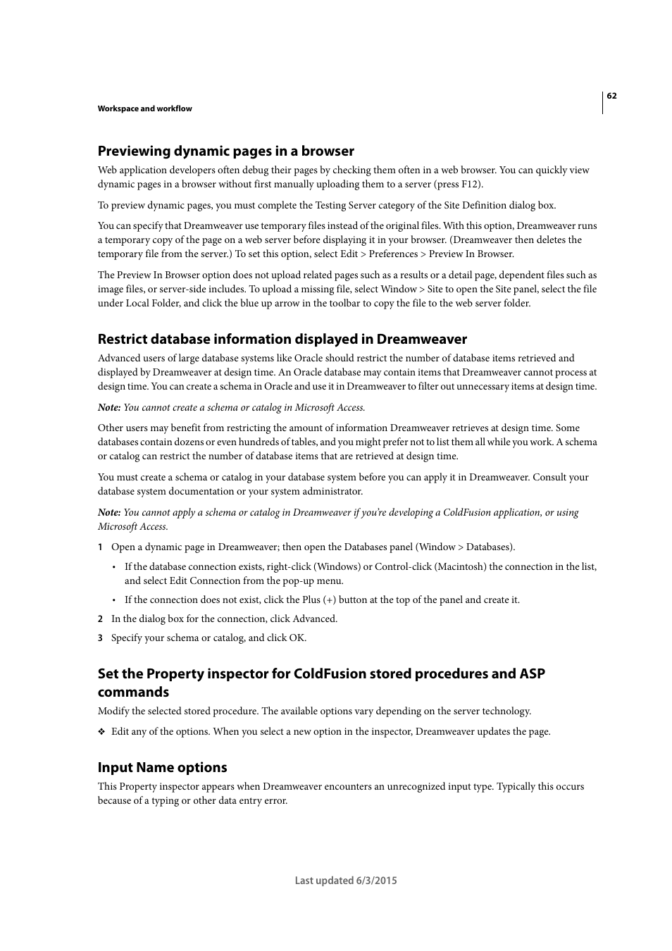 Input name options, Previewing dynamic pages in a browser | Adobe Dreamweaver CC 2015 User Manual | Page 69 / 700