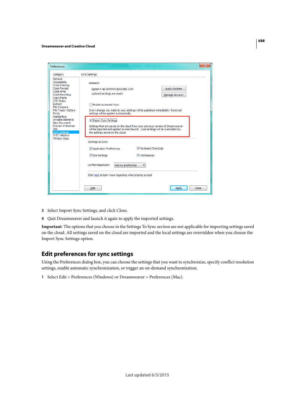 Edit preferences for sync settings | Adobe Dreamweaver CC 2015 User Manual | Page 695 / 700