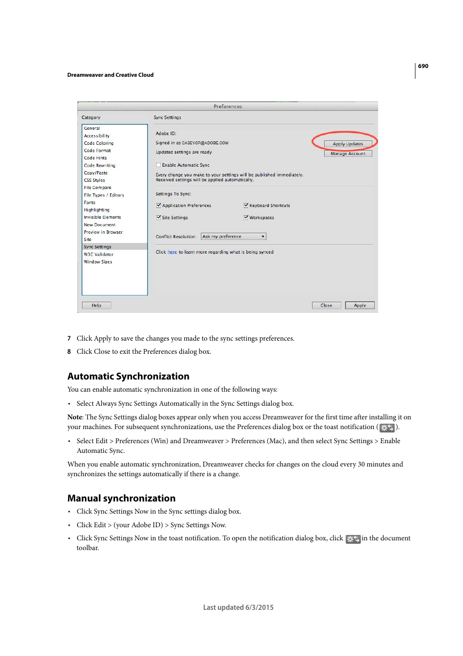 Automatic synchronization, Manual synchronization | Adobe Dreamweaver CC 2015 User Manual | Page 697 / 700