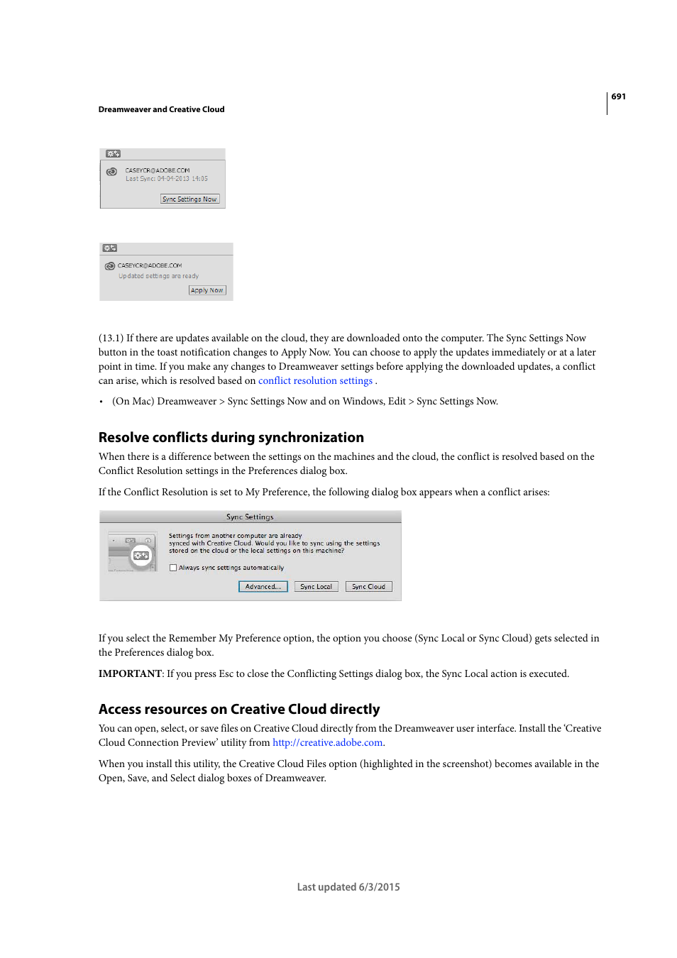 Resolve conflicts during synchronization, Access resources on creative cloud directly | Adobe Dreamweaver CC 2015 User Manual | Page 698 / 700