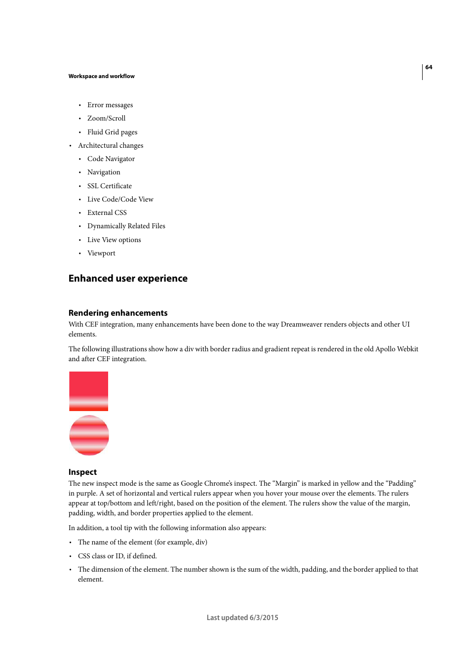 Enhanced user experience, Rendering enhancements, Inspect | Adobe Dreamweaver CC 2015 User Manual | Page 71 / 700