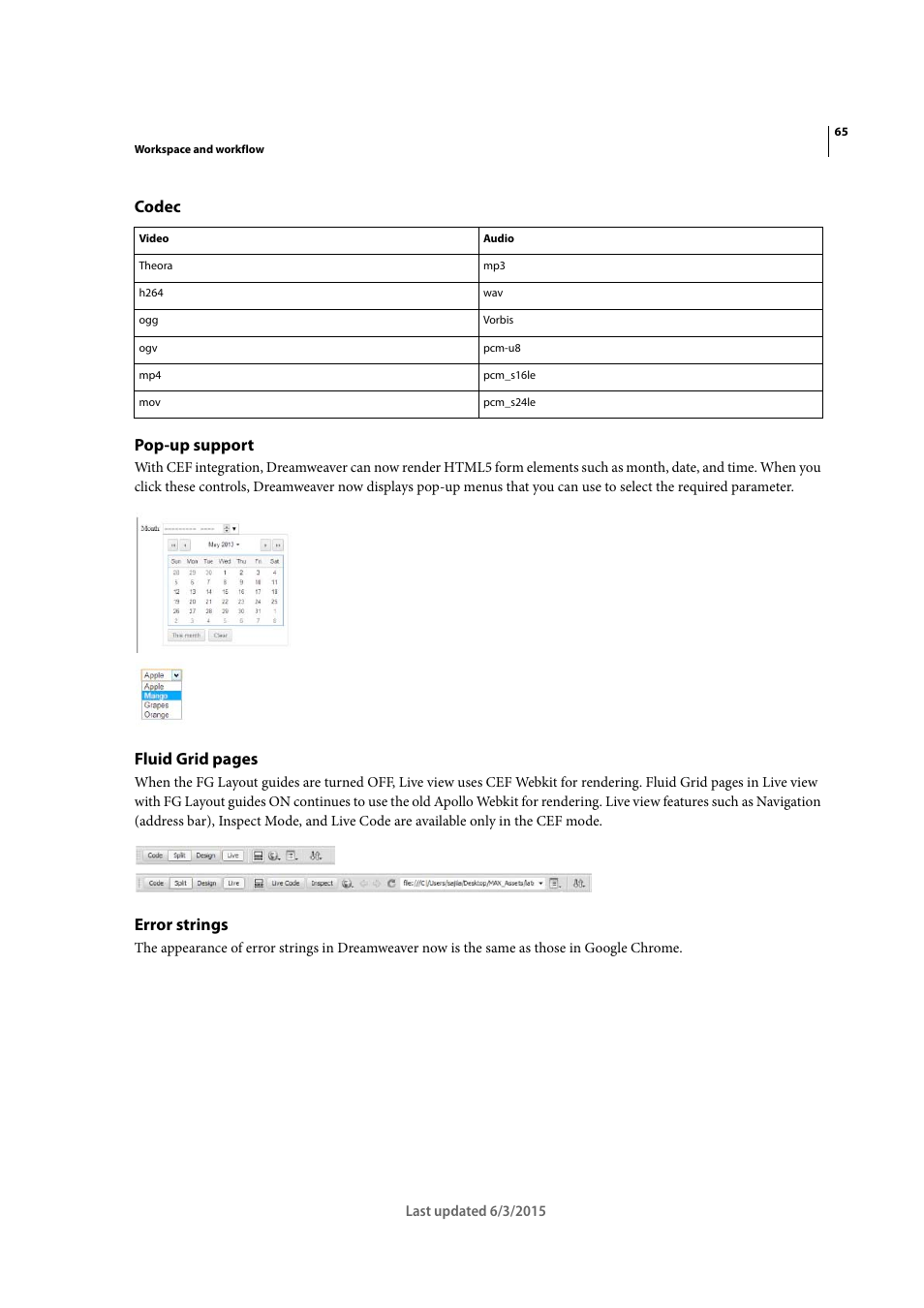 Codec, Pop-up support, Error strings | Codec pop-up support, Fluid grid pages | Adobe Dreamweaver CC 2015 User Manual | Page 72 / 700