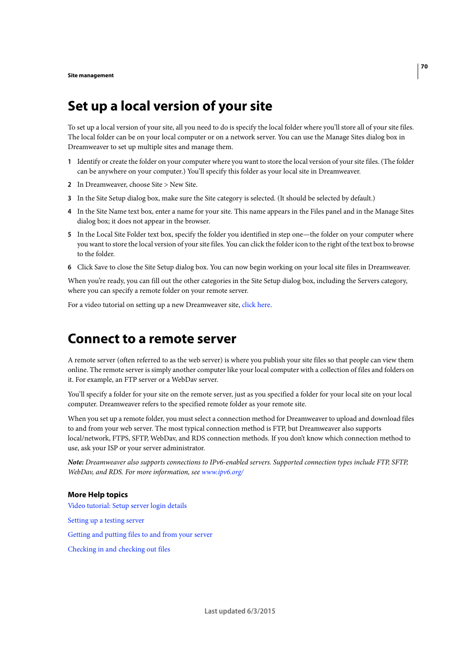 Set up a local version of your site, Connect to a remote server | Adobe Dreamweaver CC 2015 User Manual | Page 77 / 700