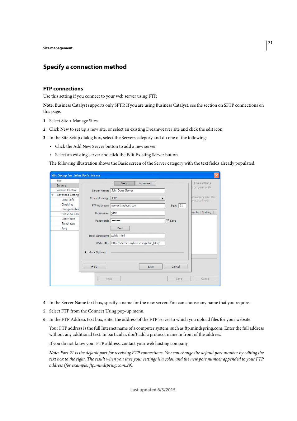 Specify a connection method, Ftp connections | Adobe Dreamweaver CC 2015 User Manual | Page 78 / 700