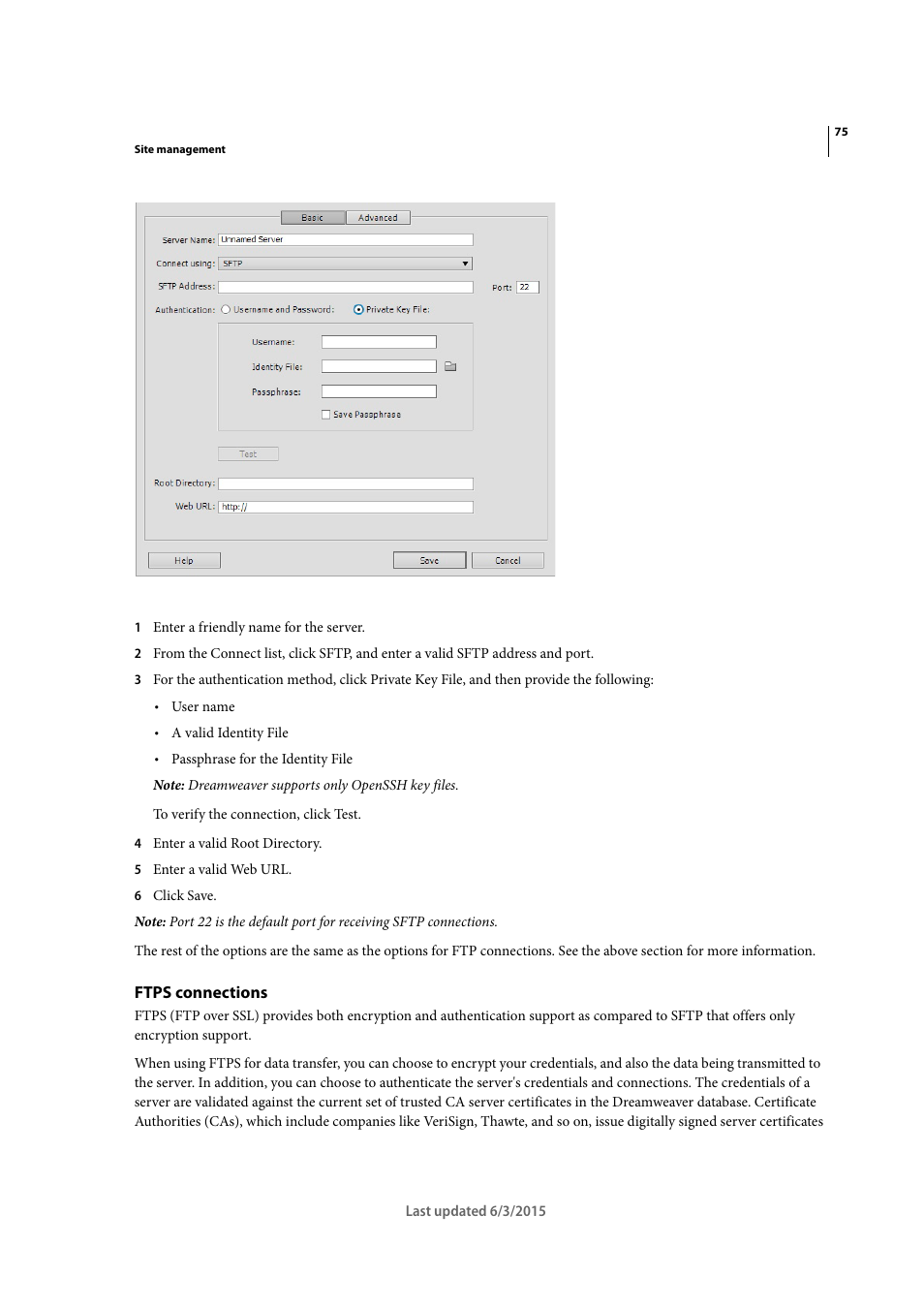 Ftps connections | Adobe Dreamweaver CC 2015 User Manual | Page 82 / 700