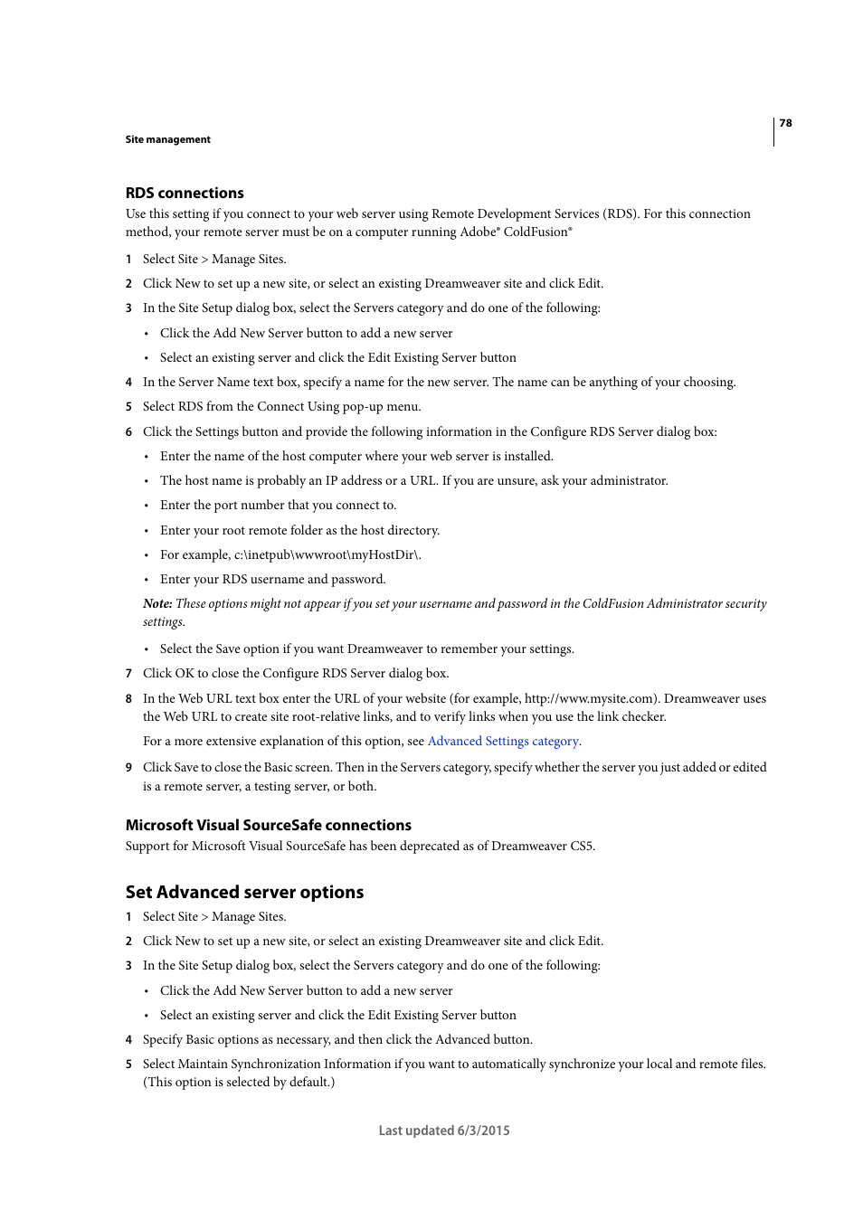 Rds connections, Microsoft visual sourcesafe connections, Set advanced server options | Adobe Dreamweaver CC 2015 User Manual | Page 85 / 700