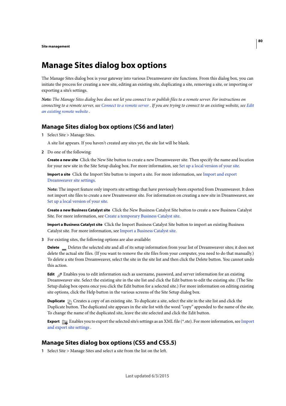 Manage sites dialog box options, Manage sites dialog box options (cs6 and later), Manage sites dialog box options (cs5 and cs5.5) | Adobe Dreamweaver CC 2015 User Manual | Page 87 / 700