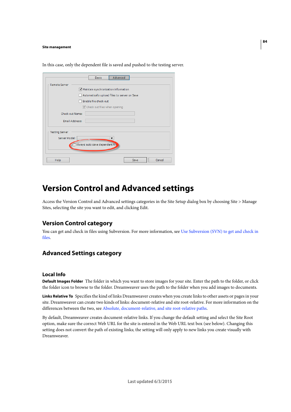 Version control and advanced settings, Version control category, Advanced settings category | Local info | Adobe Dreamweaver CC 2015 User Manual | Page 91 / 700