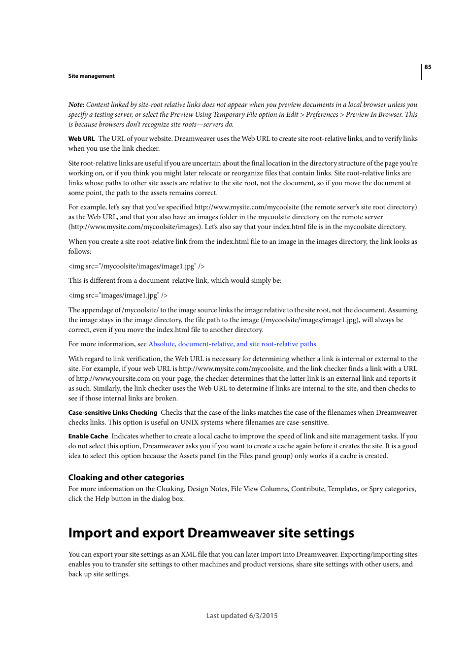 Cloaking and other categories, Import and export dreamweaver site settings, Import and export | Dreamweaver site settings | Adobe Dreamweaver CC 2015 User Manual | Page 92 / 700