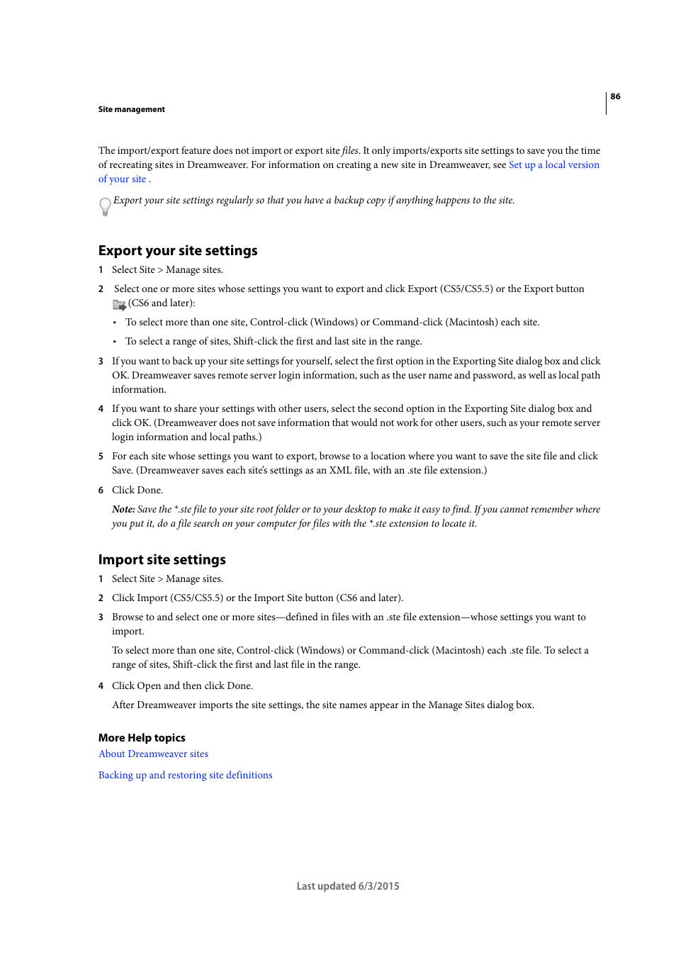 Export your site settings, Import site settings | Adobe Dreamweaver CC 2015 User Manual | Page 93 / 700