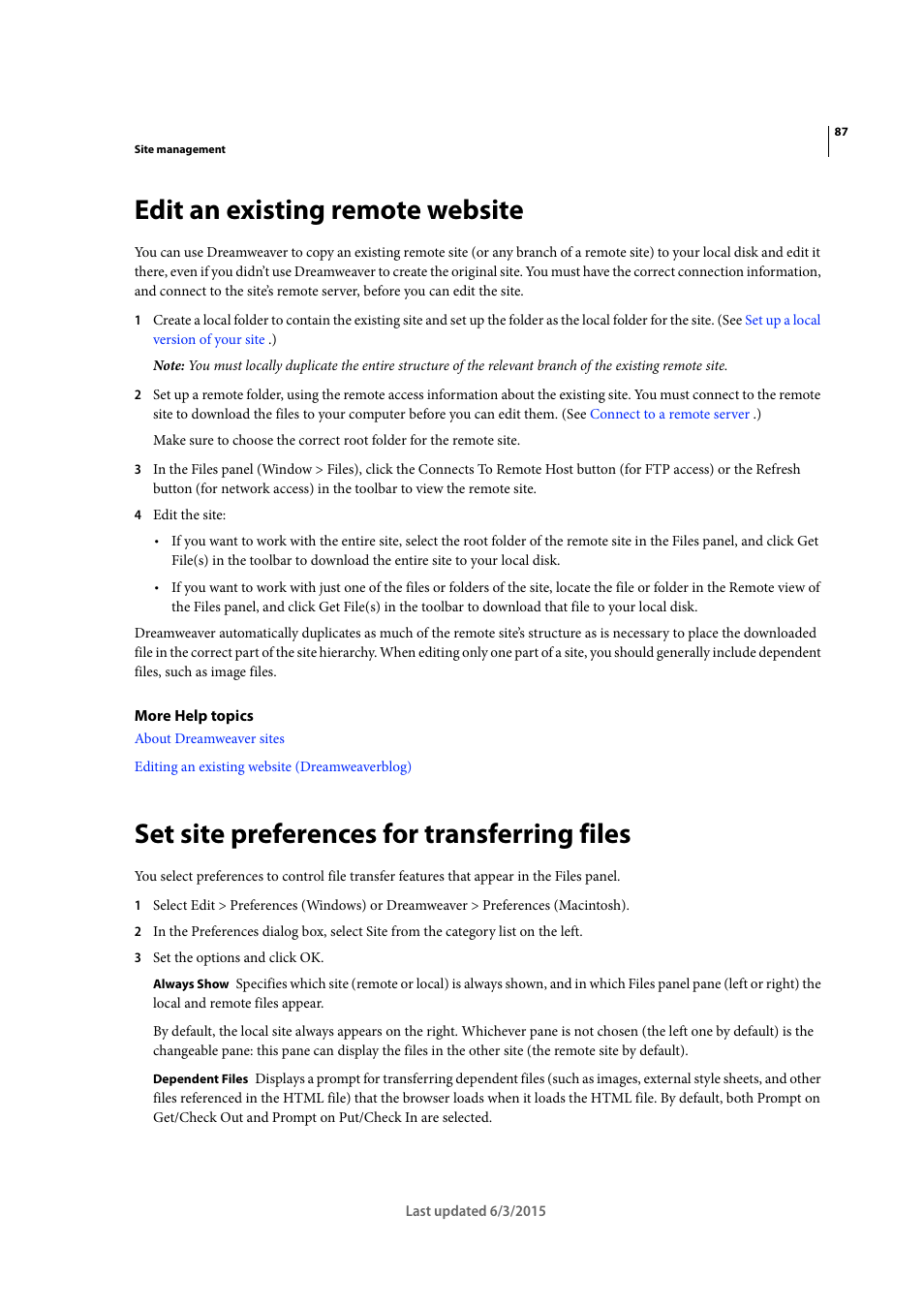 Edit an existing remote website, Set site preferences for transferring files | Adobe Dreamweaver CC 2015 User Manual | Page 94 / 700