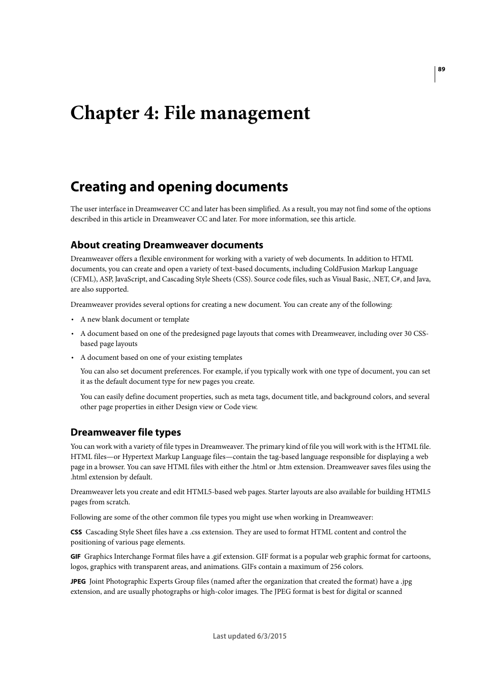 Chapter 4: file management, Creating and opening documents, About creating dreamweaver documents | Dreamweaver file types | Adobe Dreamweaver CC 2015 User Manual | Page 96 / 700