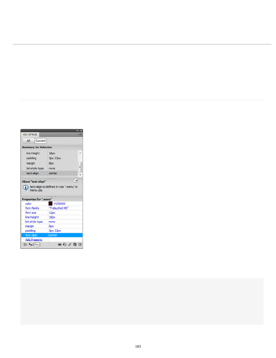 The css styles panel | Adobe Dreamweaver CC 2014 v.13 User Manual | Page 190 / 732