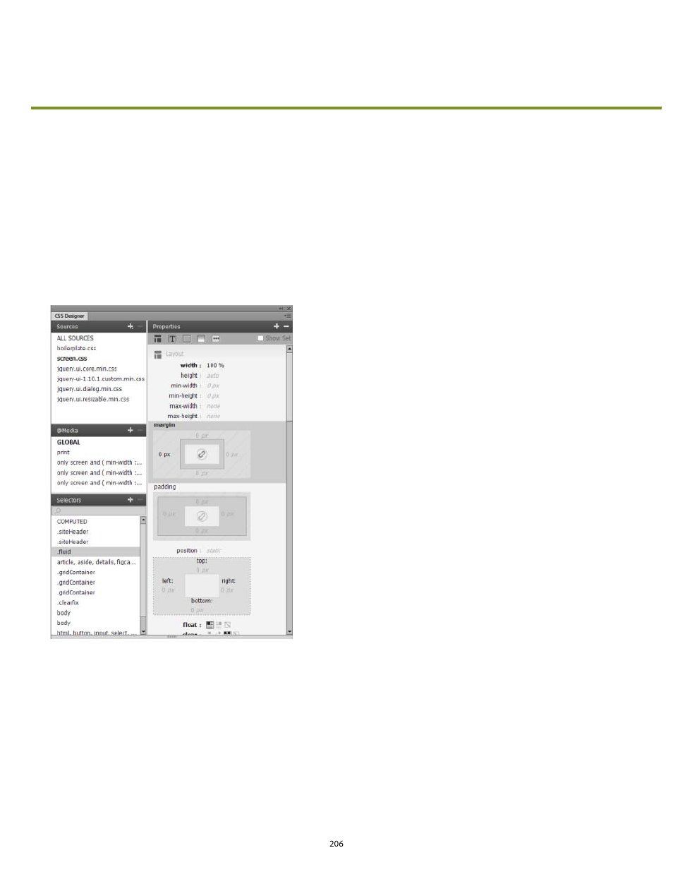 Css designer panel (cc, 13.1) | Adobe Dreamweaver CC 2014 v.13 User Manual | Page 213 / 732