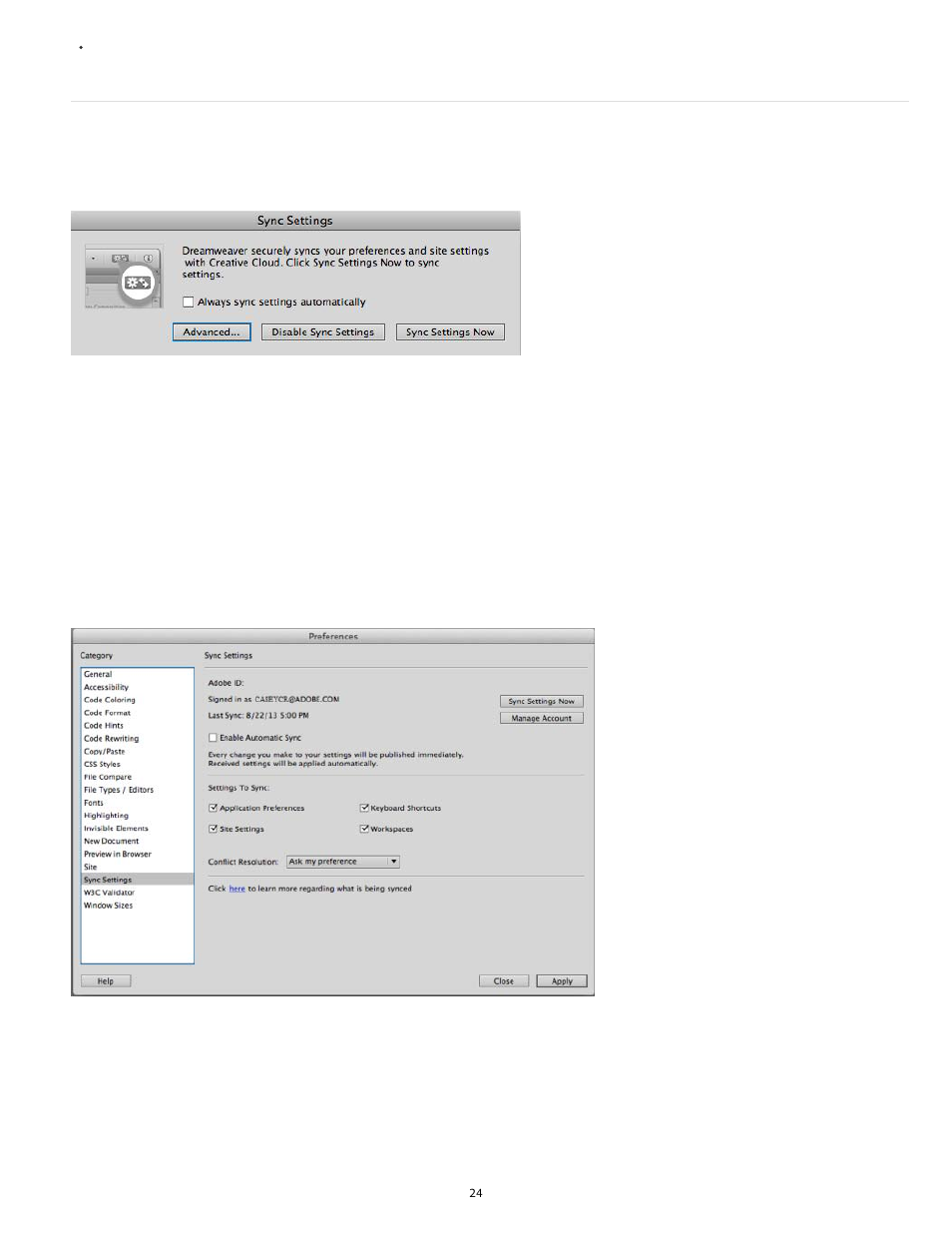 First-time synchronization | Adobe Dreamweaver CC 2014 v.13 User Manual | Page 31 / 732