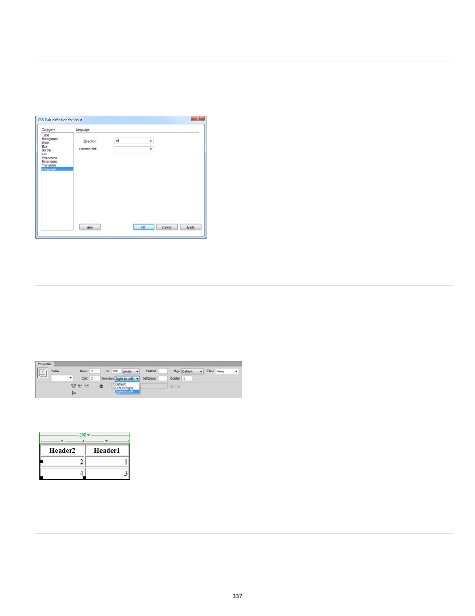 Text direction and unicode-bidi in css rules, Table properties, Div properties | Adobe Dreamweaver CC 2014 v.13 User Manual | Page 344 / 732