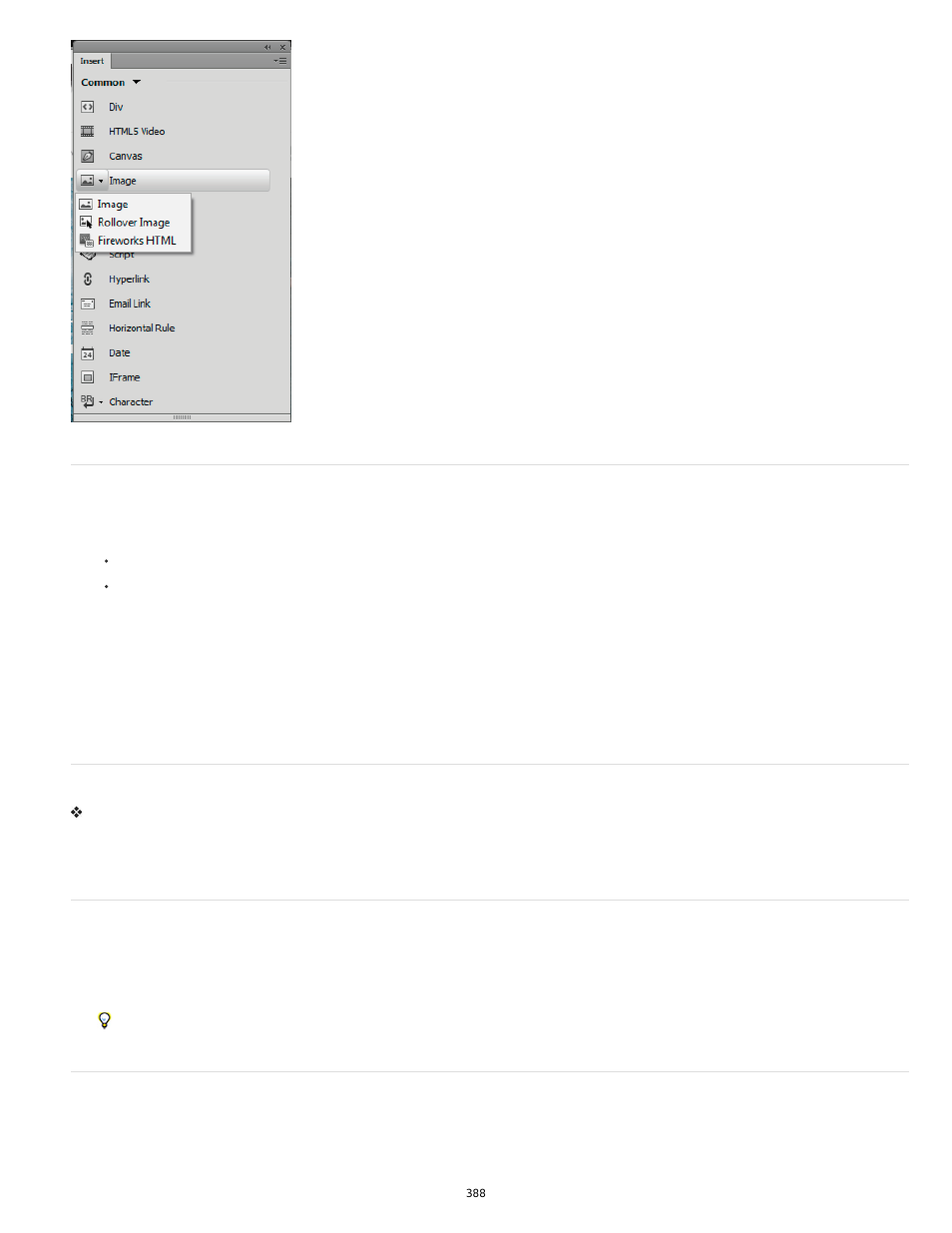 Insert an object, Modify preferences for the insert panel | Adobe Dreamweaver CC 2014 v.13 User Manual | Page 395 / 732