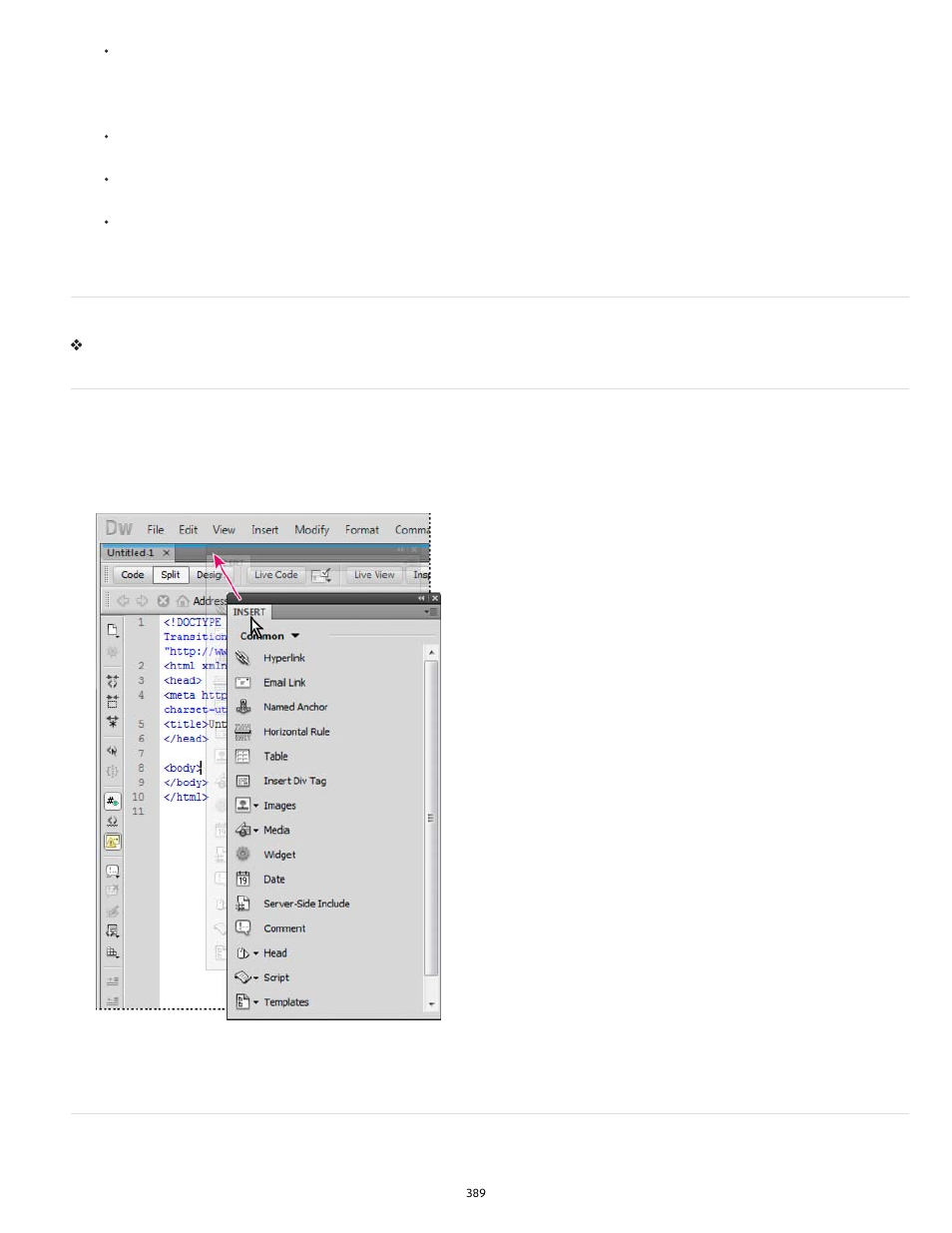 Return the horizontal insert bar to a panel group | Adobe Dreamweaver CC 2014 v.13 User Manual | Page 396 / 732