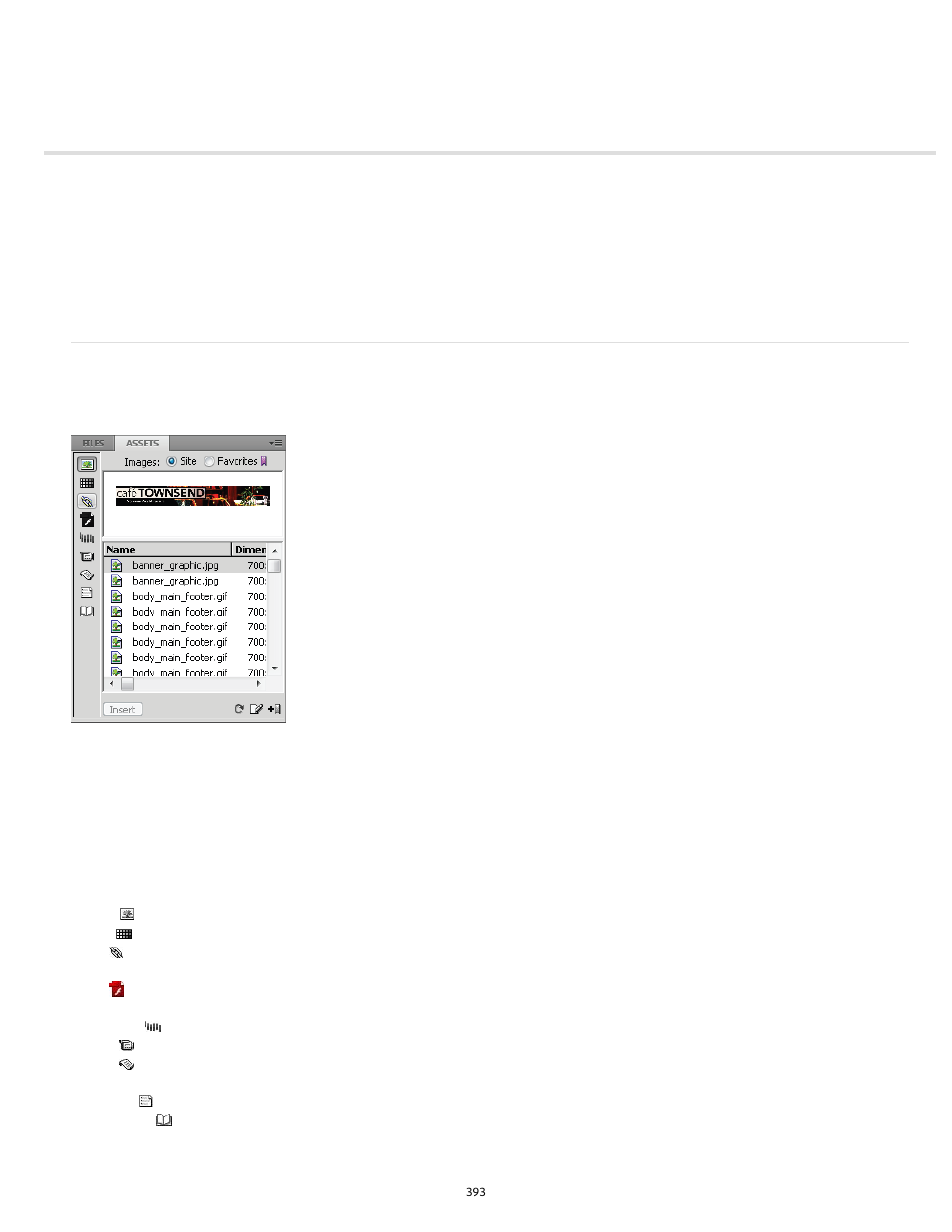 Working with assets, Assets panel overview | Adobe Dreamweaver CC 2014 v.13 User Manual | Page 400 / 732