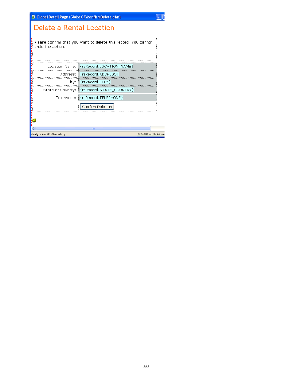 Add logic to delete the record | Adobe Dreamweaver CC 2014 v.13 User Manual | Page 570 / 732