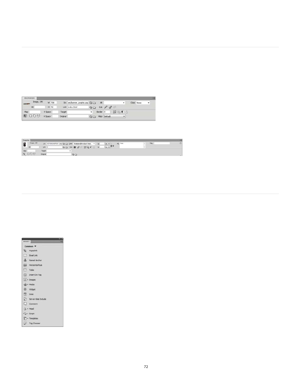 Property inspector overview insert panel overview, Property inspector overview, Insert panel overview | Adobe Dreamweaver CC 2014 v.13 User Manual | Page 79 / 732