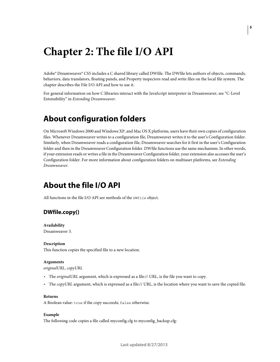 Chapter 2: the file i/o api, About configuration folders, About the file i/o api | Dwfile.copy() | Adobe Dreamweaver API Reference CS5 User Manual | Page 10 / 533
