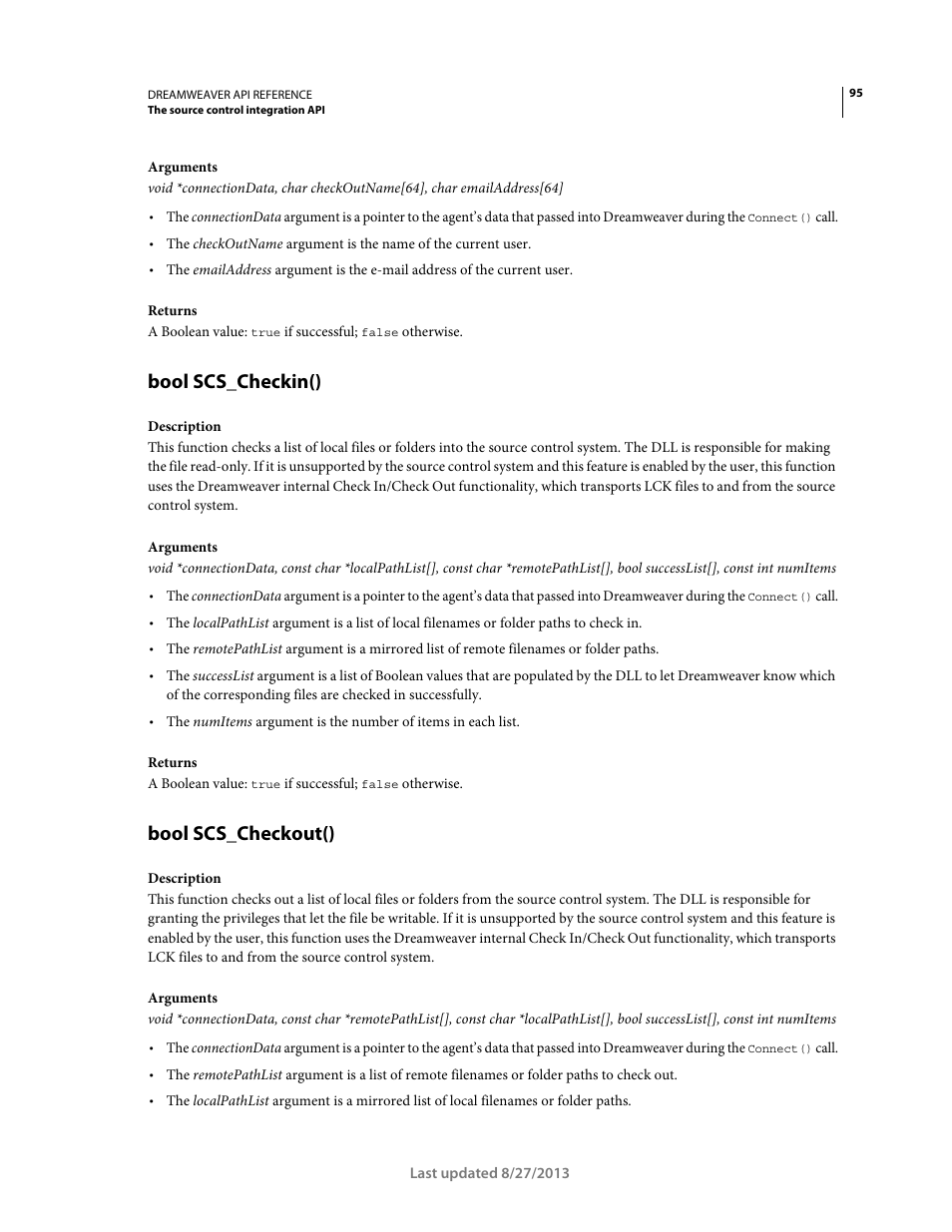 Bool scs_checkin(), Bool scs_checkout() | Adobe Dreamweaver API Reference CS5 User Manual | Page 100 / 533