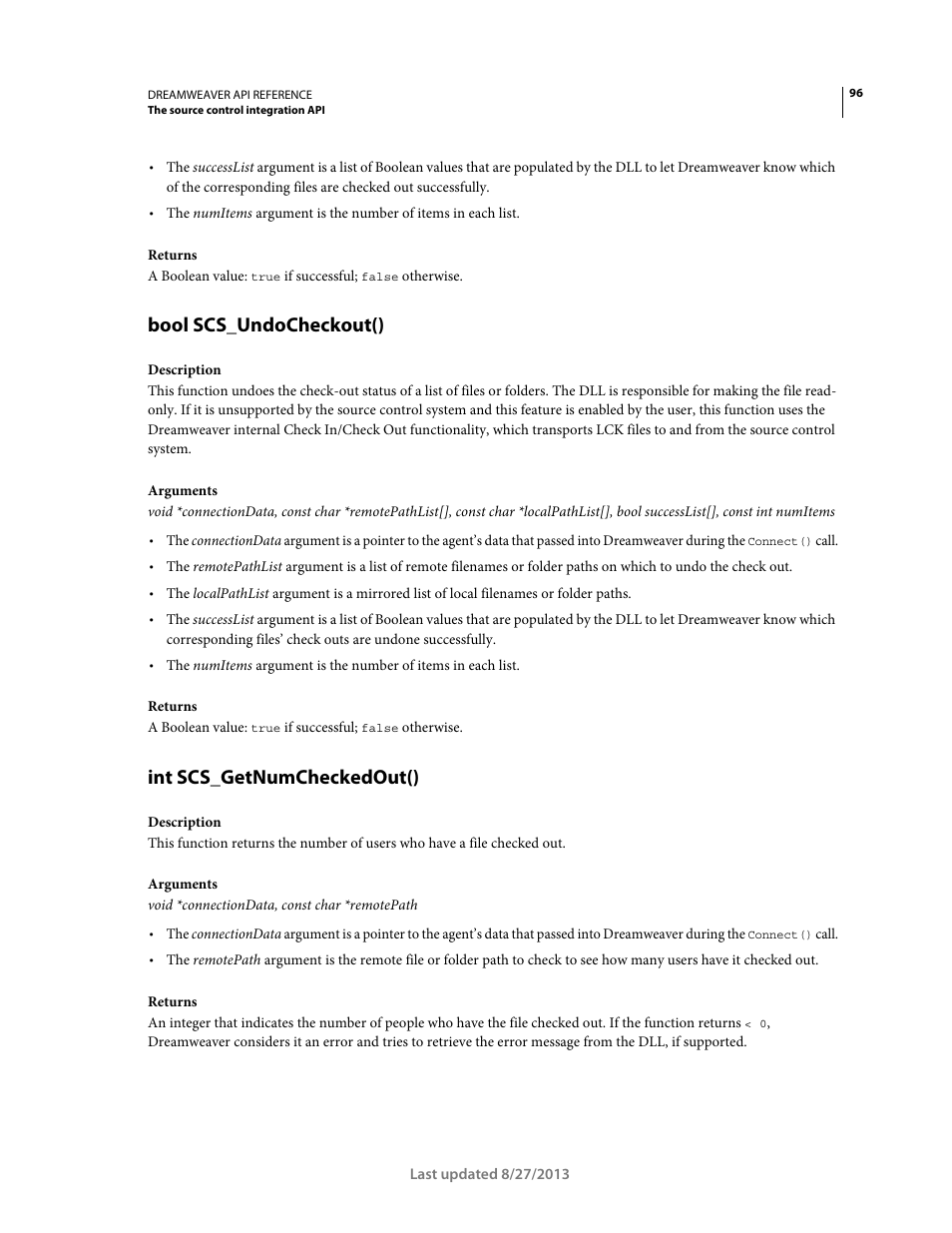 Bool scs_undocheckout(), Int scs_getnumcheckedout() | Adobe Dreamweaver API Reference CS5 User Manual | Page 101 / 533