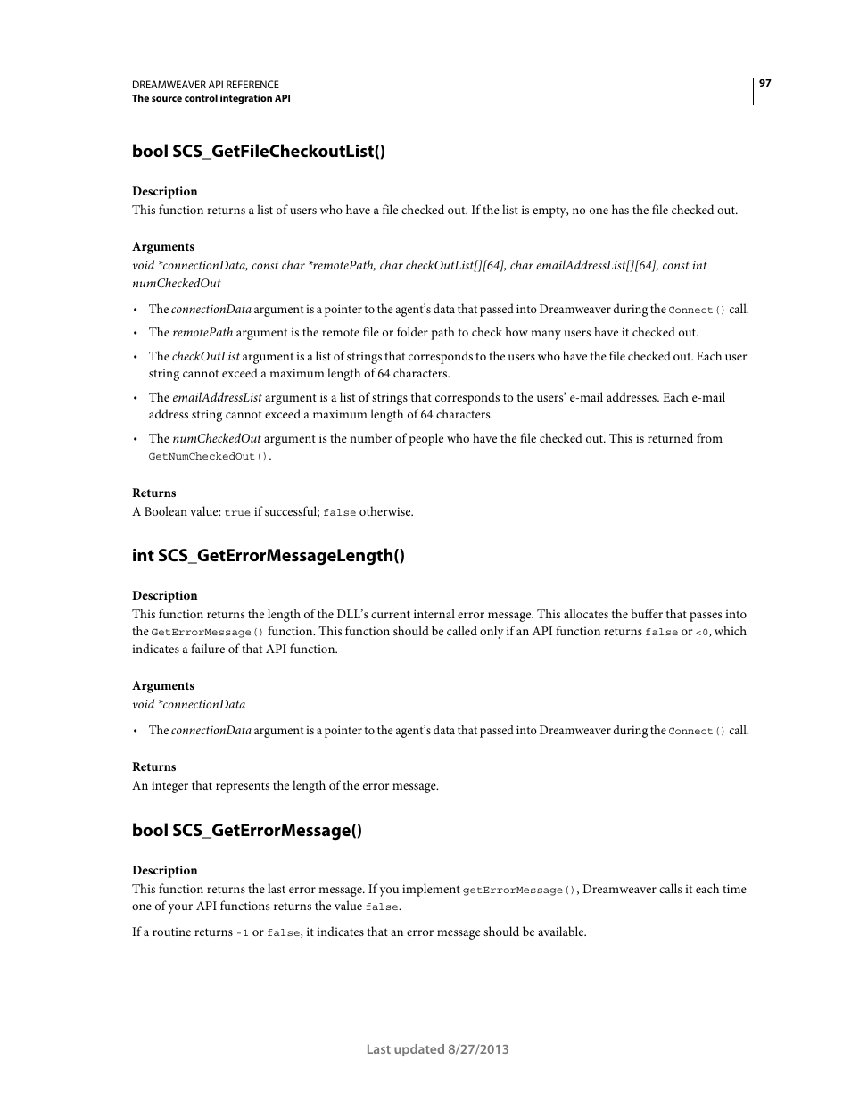 Bool scs_getfilecheckoutlist(), Int scs_geterrormessagelength(), Bool scs_geterrormessage() | Adobe Dreamweaver API Reference CS5 User Manual | Page 102 / 533