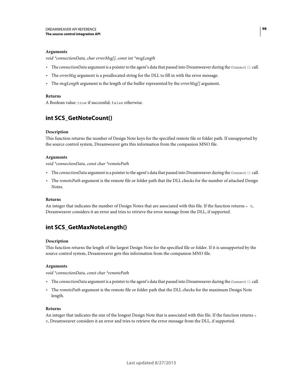 Int scs_getnotecount(), Int scs_getmaxnotelength() | Adobe Dreamweaver API Reference CS5 User Manual | Page 103 / 533