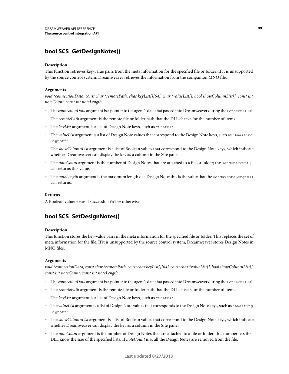 Bool scs_getdesignnotes(), Bool scs_setdesignnotes() | Adobe Dreamweaver API Reference CS5 User Manual | Page 104 / 533